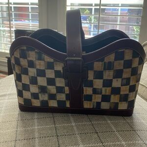 Mackenzie-Childs Courtly check leather canvas magazine/ book basket tote